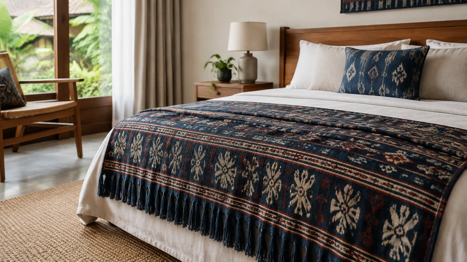 Kamar tidur dengan kain bermotif geometris gelap pada penutup ranjang