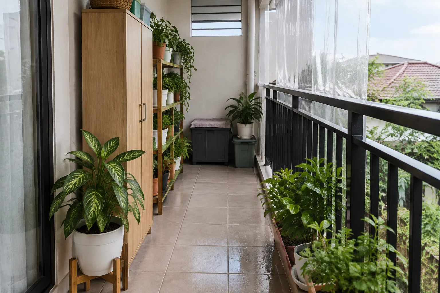 Balkon dengan lemari dan tirai bening di dekat railing