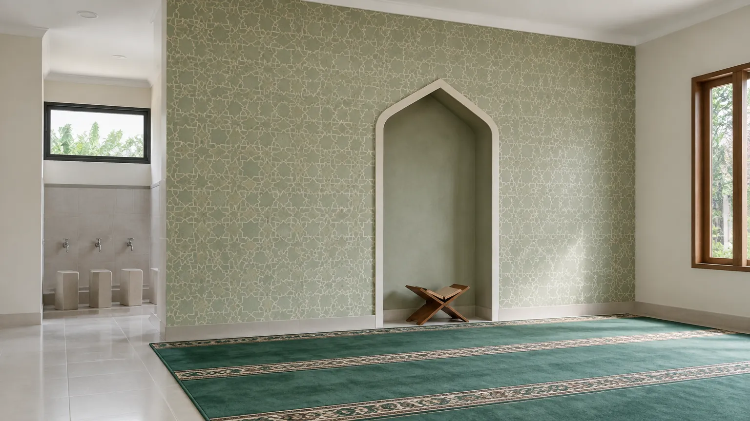 Musala dengan wallpaper berpola lembut dan karpet salat
