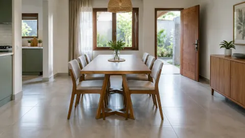 Meja makan kayu di dekat jendela dan pintu