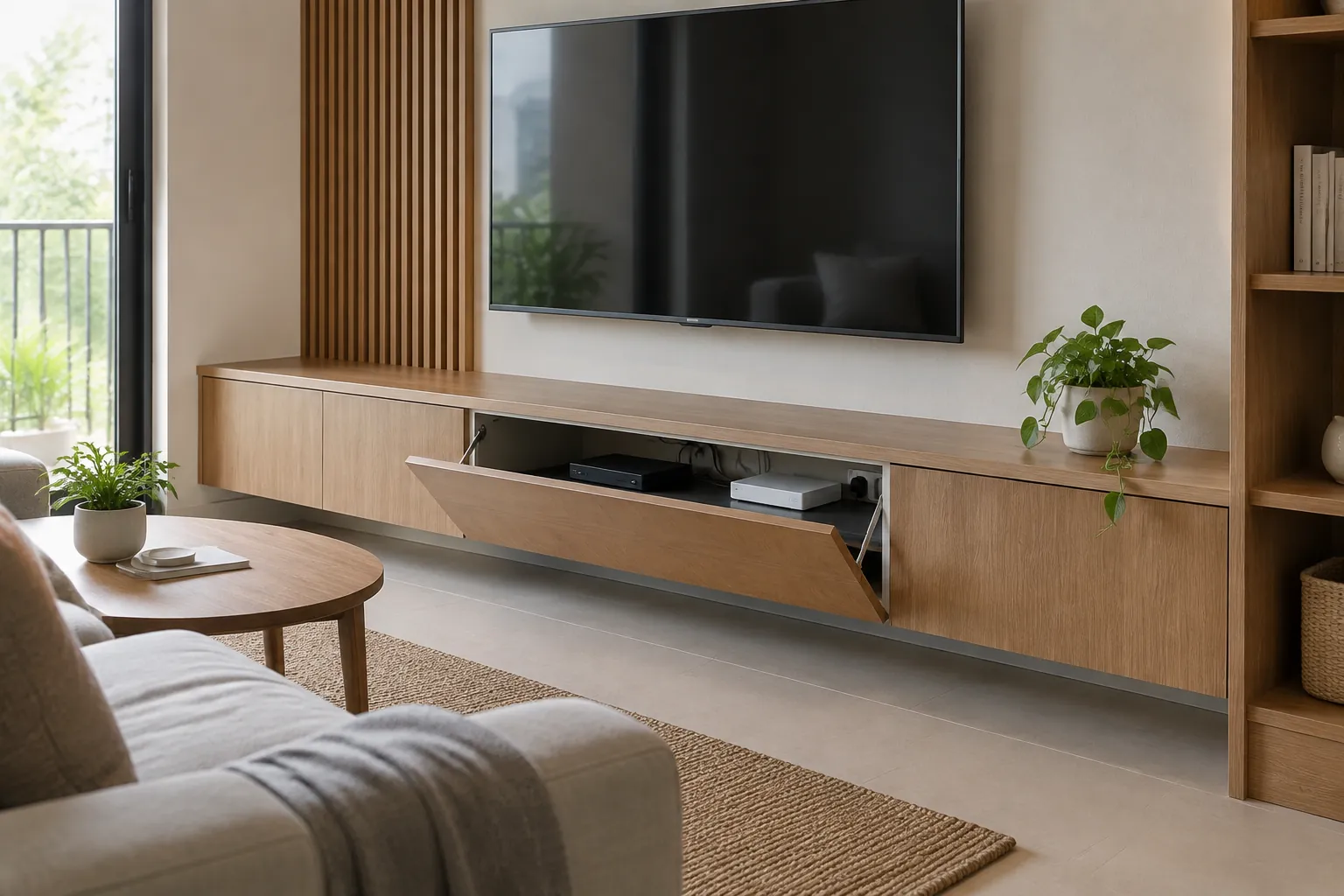 Kabinet televisi dinding dengan kompartemen yang terbuka