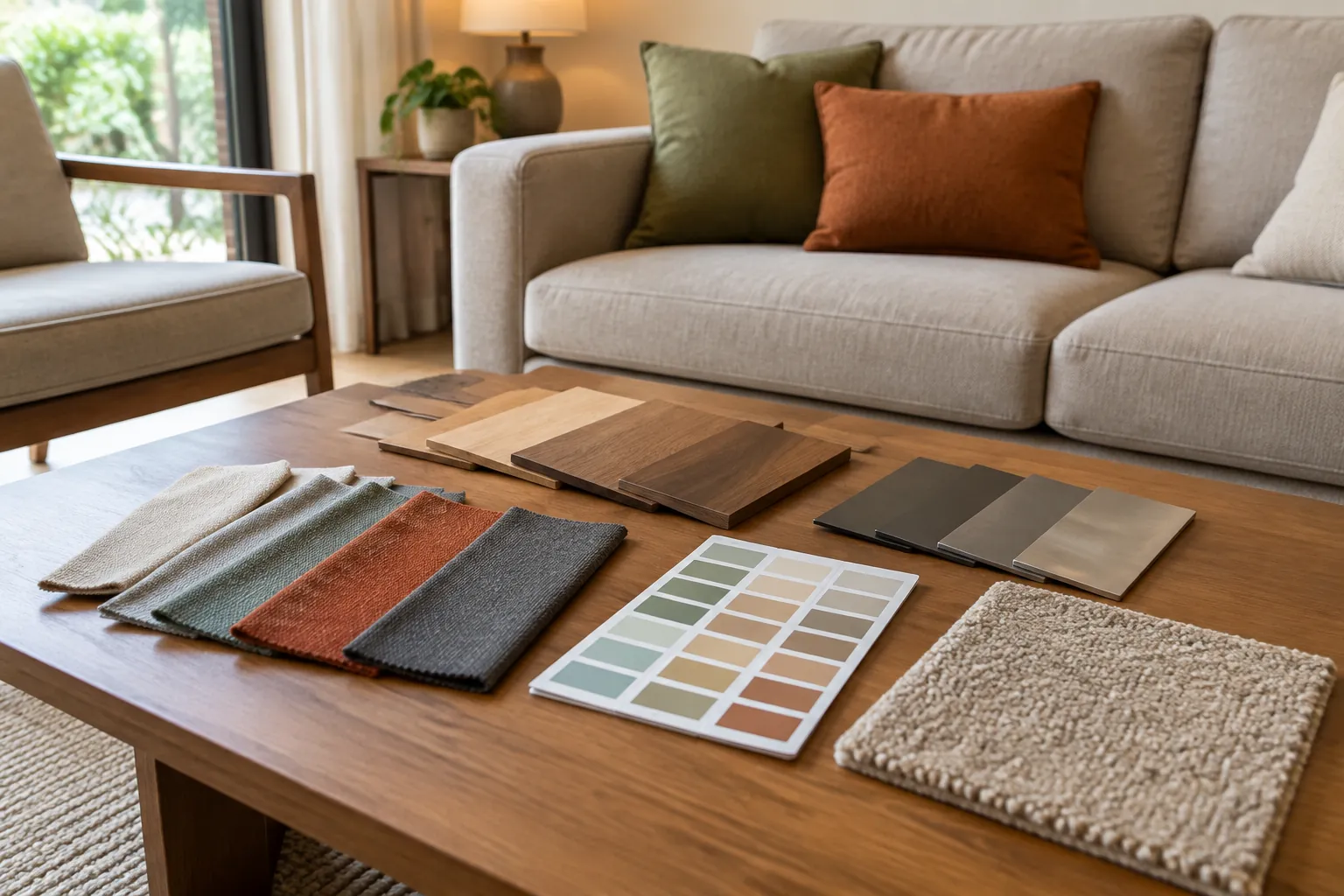 Contoh kain, kayu, dan warna di depan sofa