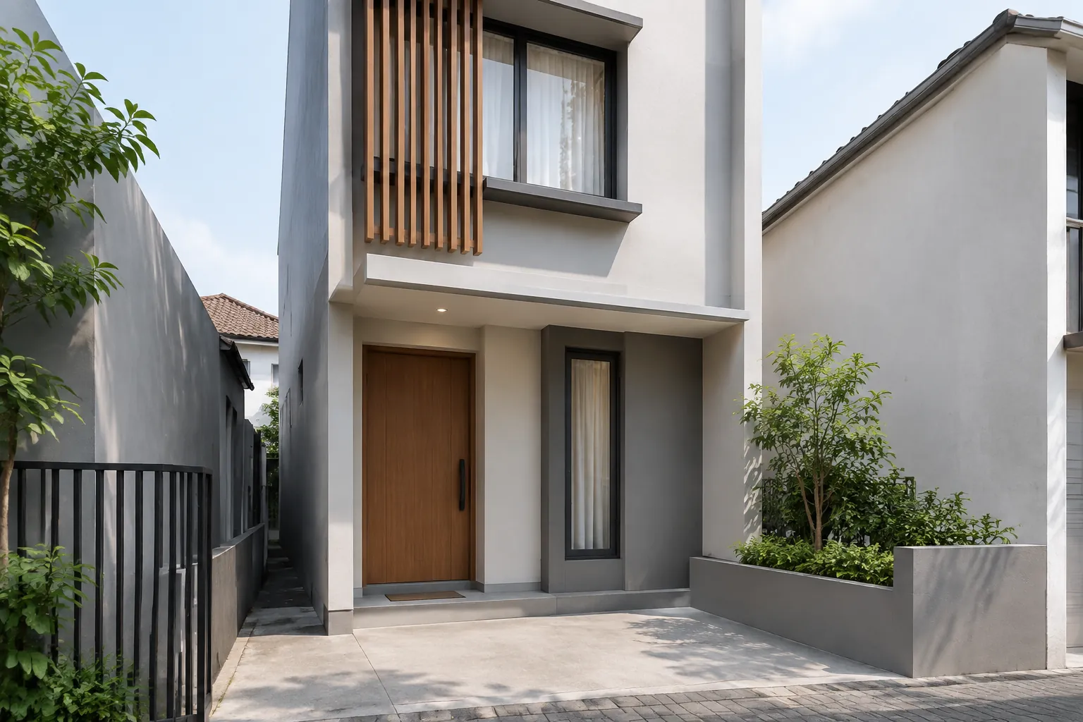 Fasad rumah sempit dengan panel kayu vertikal