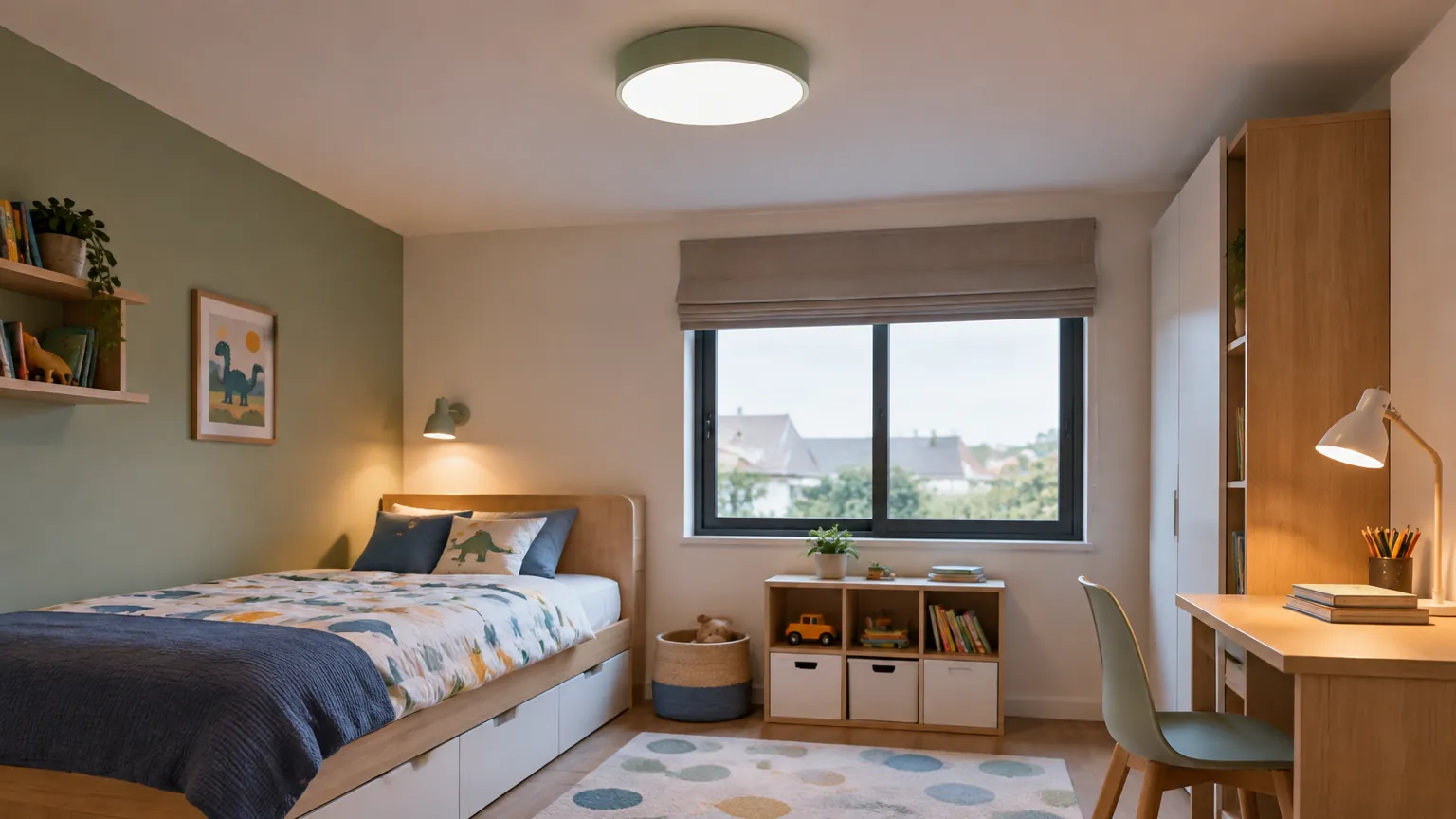 Kamar anak dengan lampu plafon dan lampu belajar