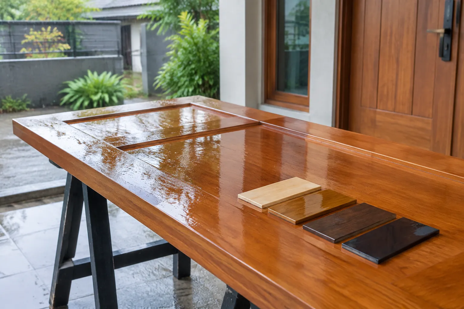 Sampel lapisan pelindung di atas meja kayu pada teras