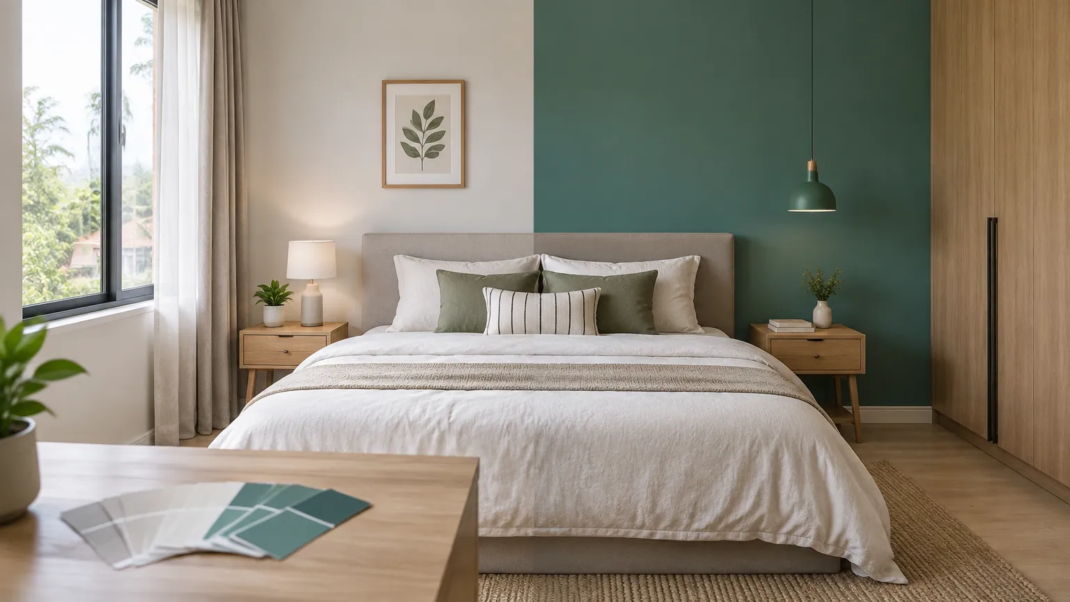 Kamar tidur dengan bidang dinding hijau