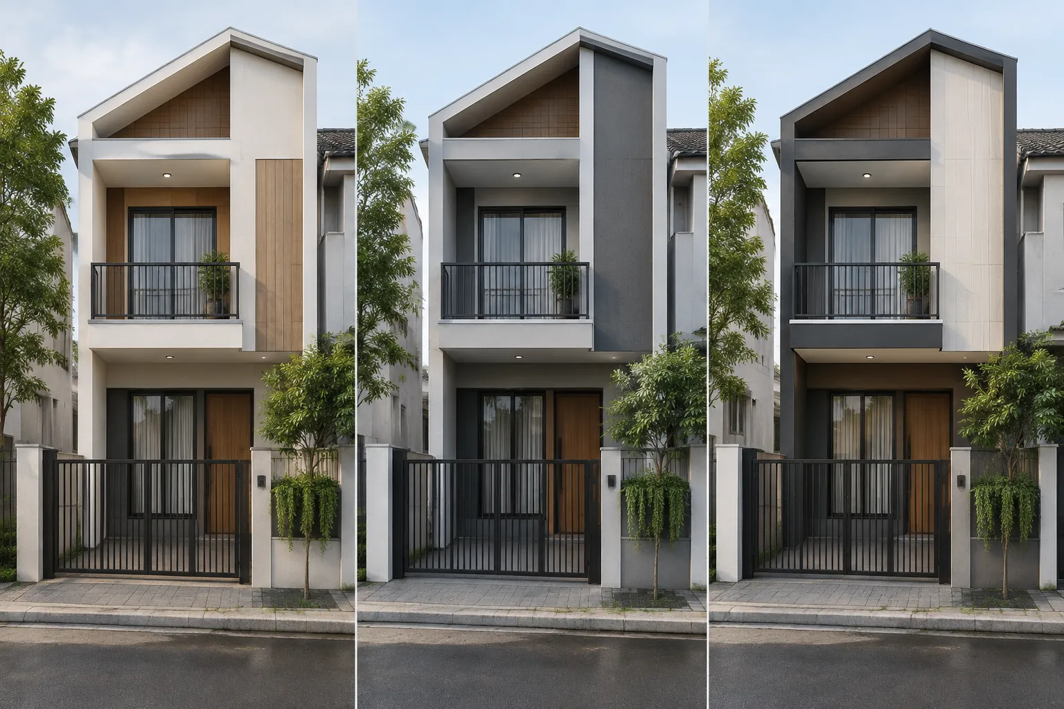 Tiga contoh warna fasad pada rumah dua lantai yang sama