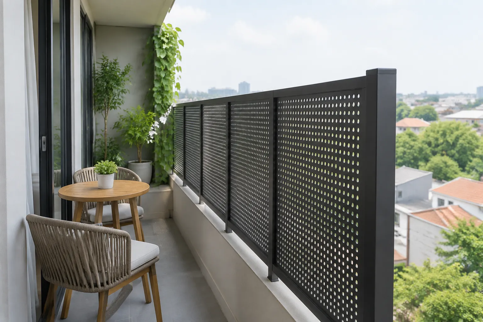 Panel privasi berlubang dipasang sepanjang pagar balkon