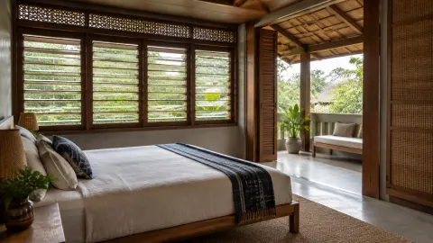 Kamar tidur dengan jendela berkisi kayu dan pintu terbuka