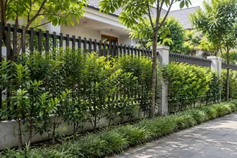 Deretan tanaman pagar di depan pagar rumah