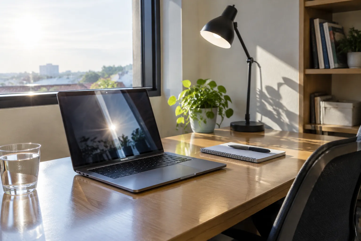 Laptop di meja kerja dekat jendela dengan lampu tugas dan pantulan cahaya