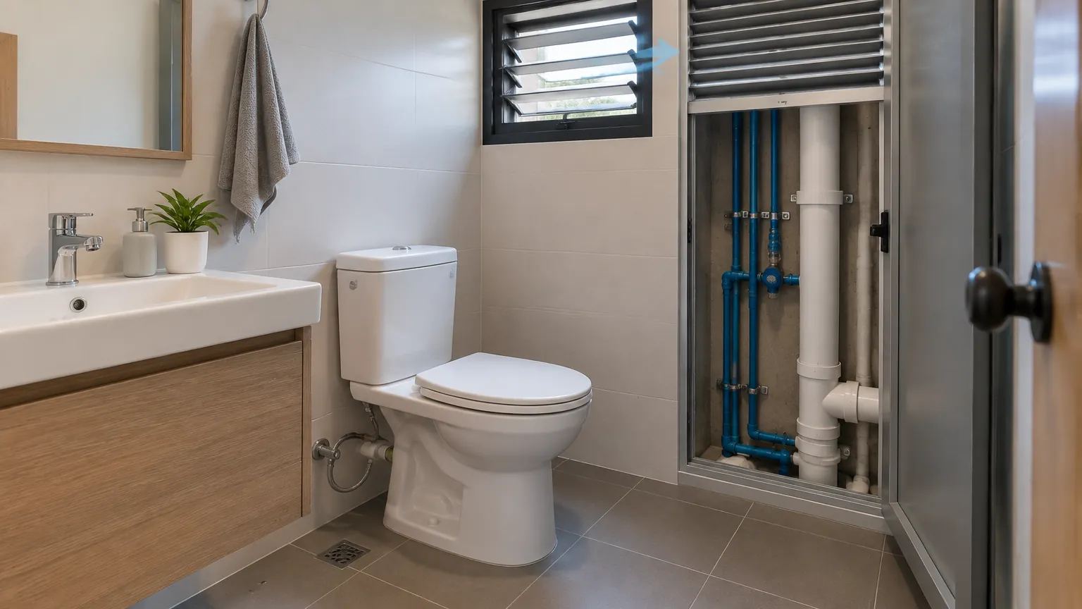 Kamar mandi dengan jalur pipa air terbuka di sisi kloset
