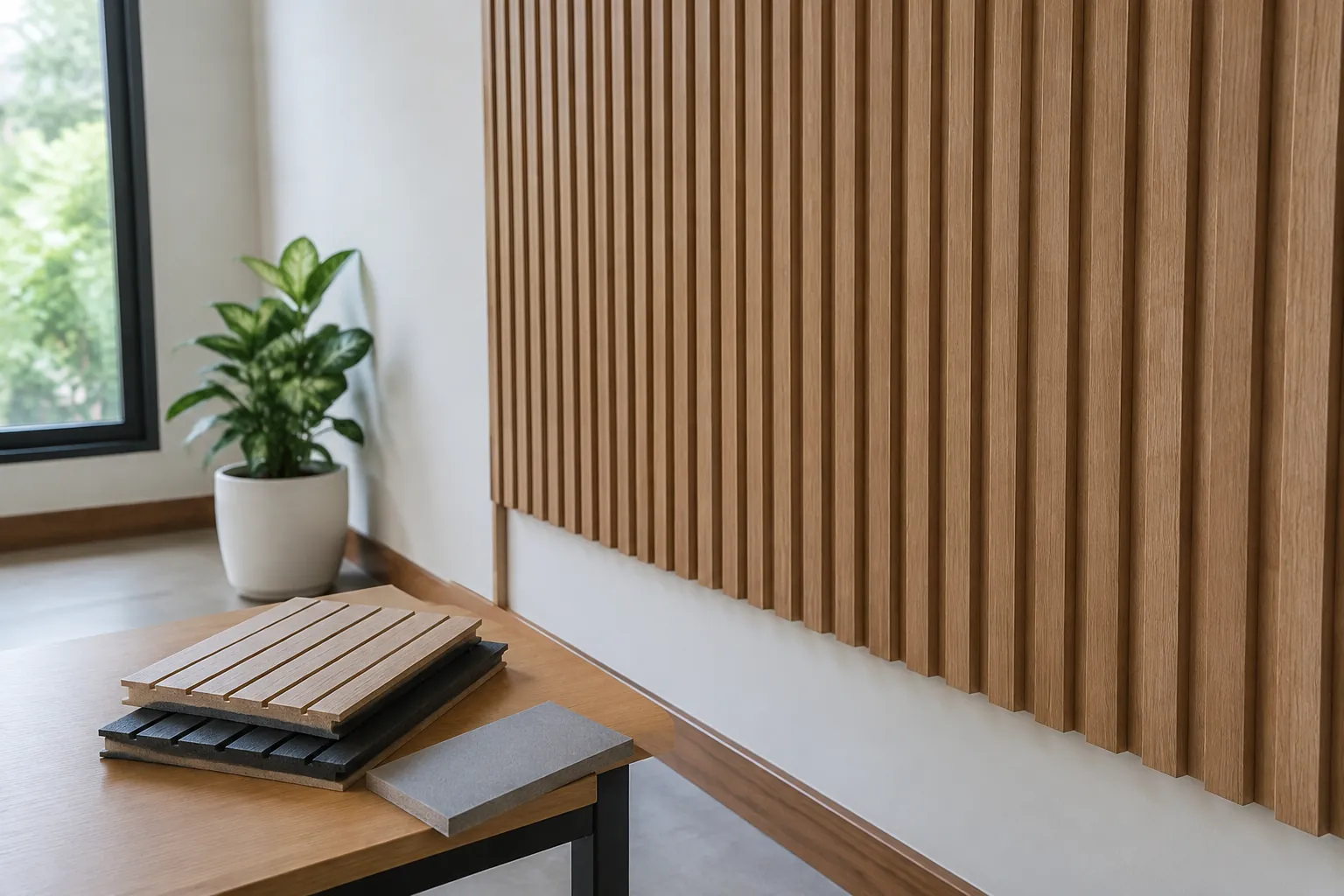 Dinding berbilah kayu dengan contoh bahan di atas meja