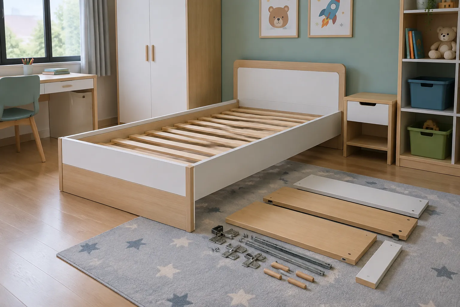Rangka tempat tidur anak dan komponen furnitur sebelum dirakit