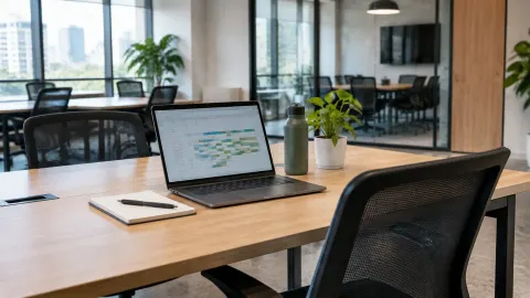Meja kerja dan ruang rapat di kantor berjendela besar