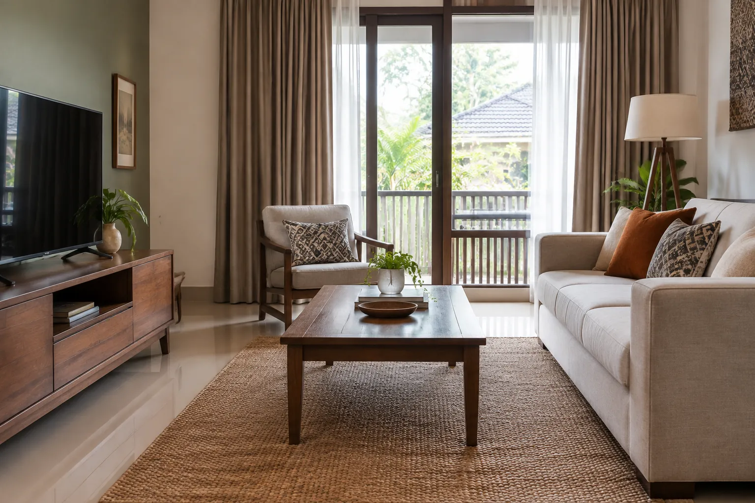 Ruang tamu dengan sofa terang, kursi, karpet, dan cahaya jendela