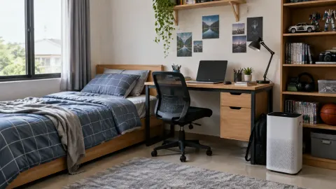 Kamar remaja dengan tempat tidur, meja, dan bukaan jendela