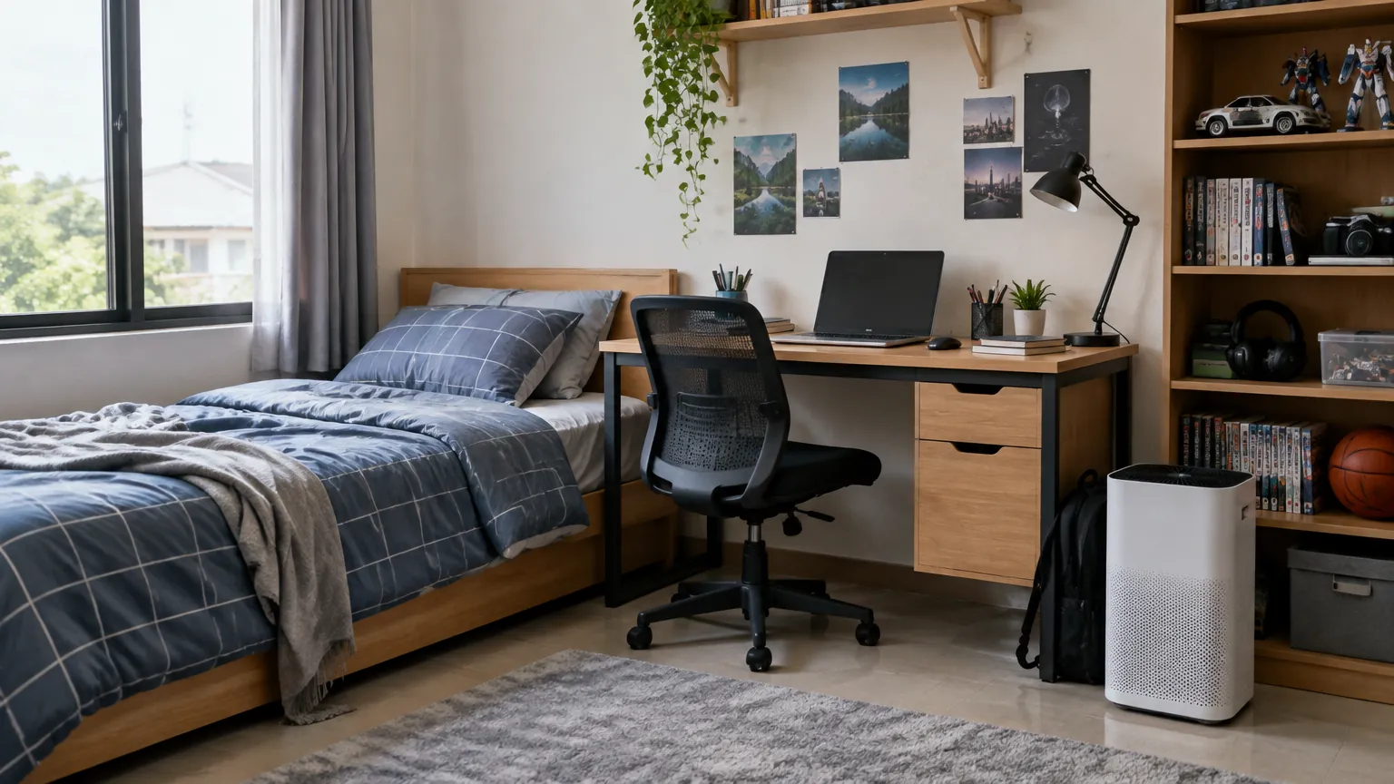 Kamar remaja dengan tempat tidur, meja, dan bukaan jendela