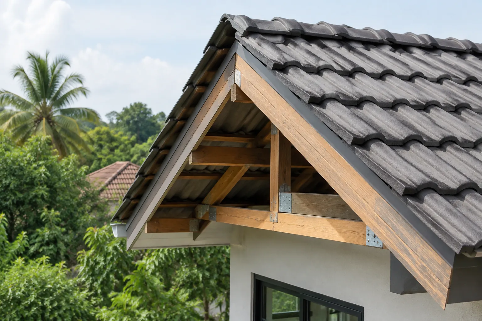 Rangka kayu terlihat di bawah atap genteng rumah