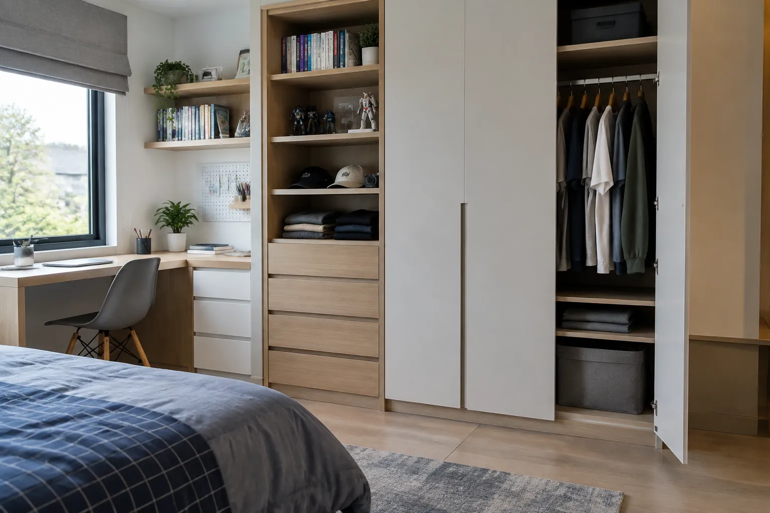 Lemari terbuka dan meja belajar di kamar remaja