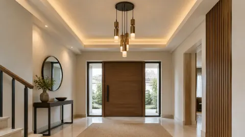 Foyer rumah dengan lampu gantung dan pencahayaan tepi plafon