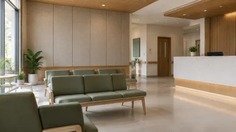 Ruang tunggu klinik dengan kursi dan meja penerima tamu