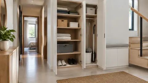Rak dan kabinet koridor berisi kotak, sepatu, serta barang rumah