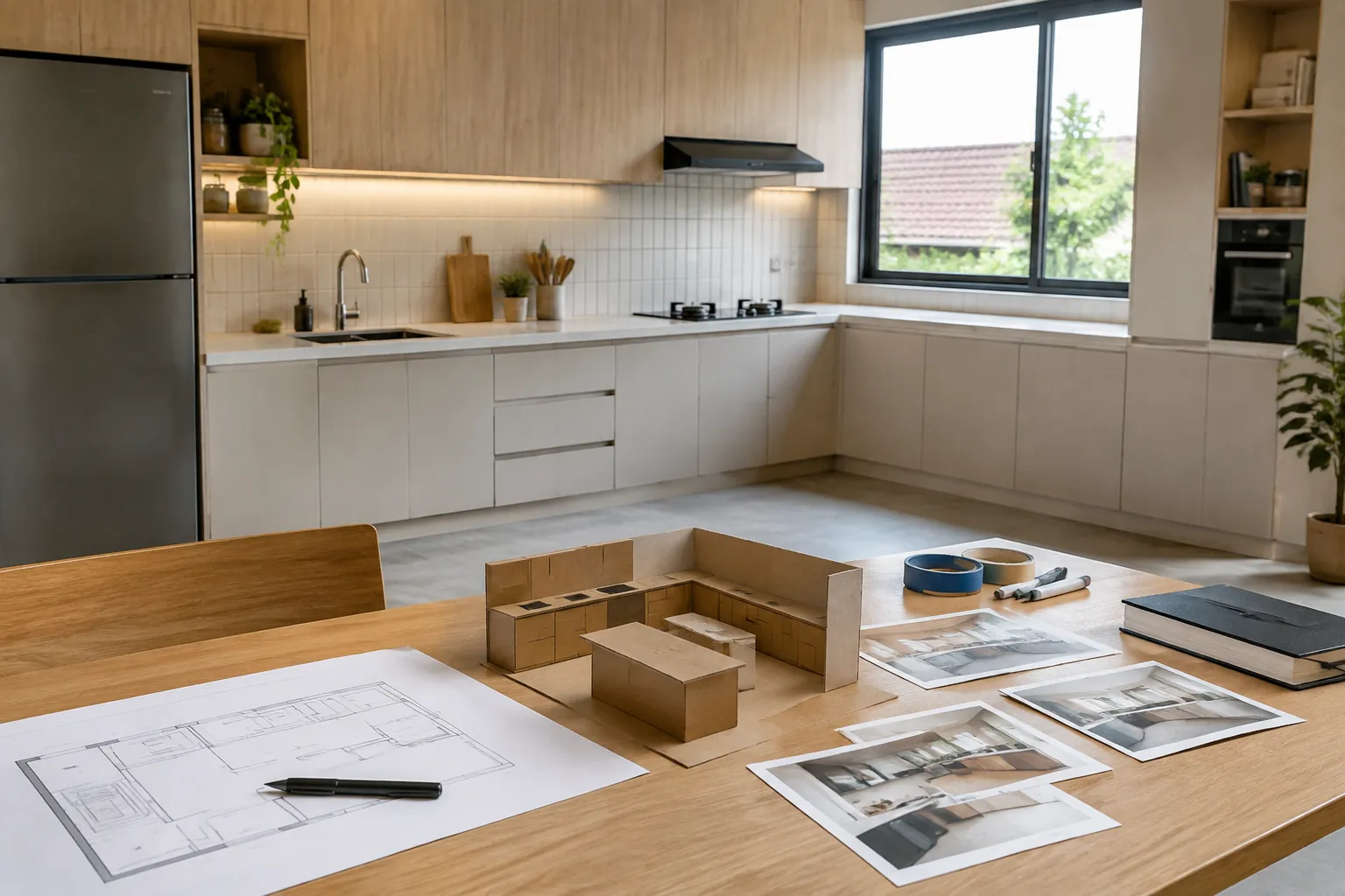 Model kardus, denah, dan contoh desain diletakkan di meja dapur