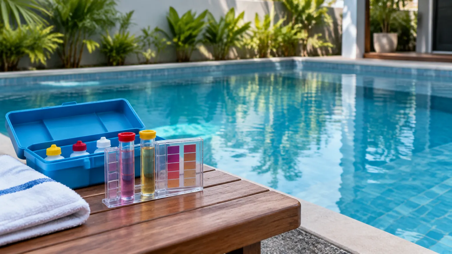 Perlengkapan uji air di meja dekat kolam renang