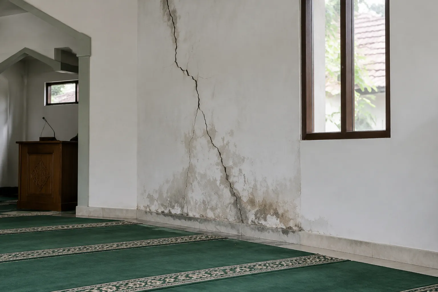 Retakan dan bercak lembap pada dinding musala