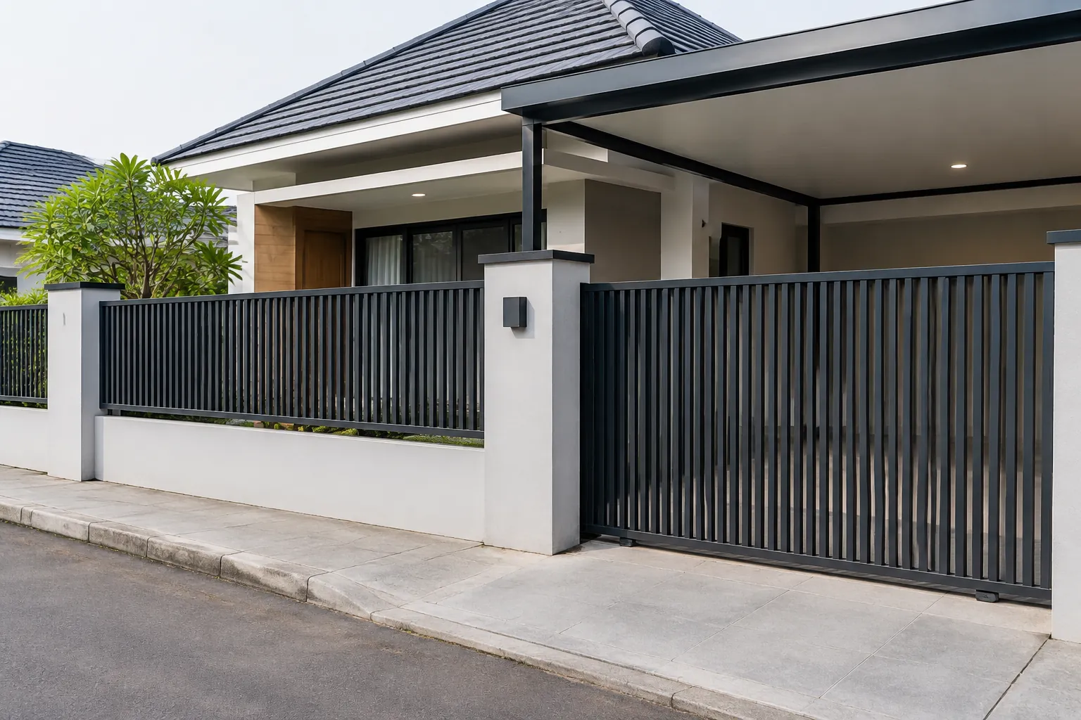 Pagar bilah logam hitam pada batas depan rumah