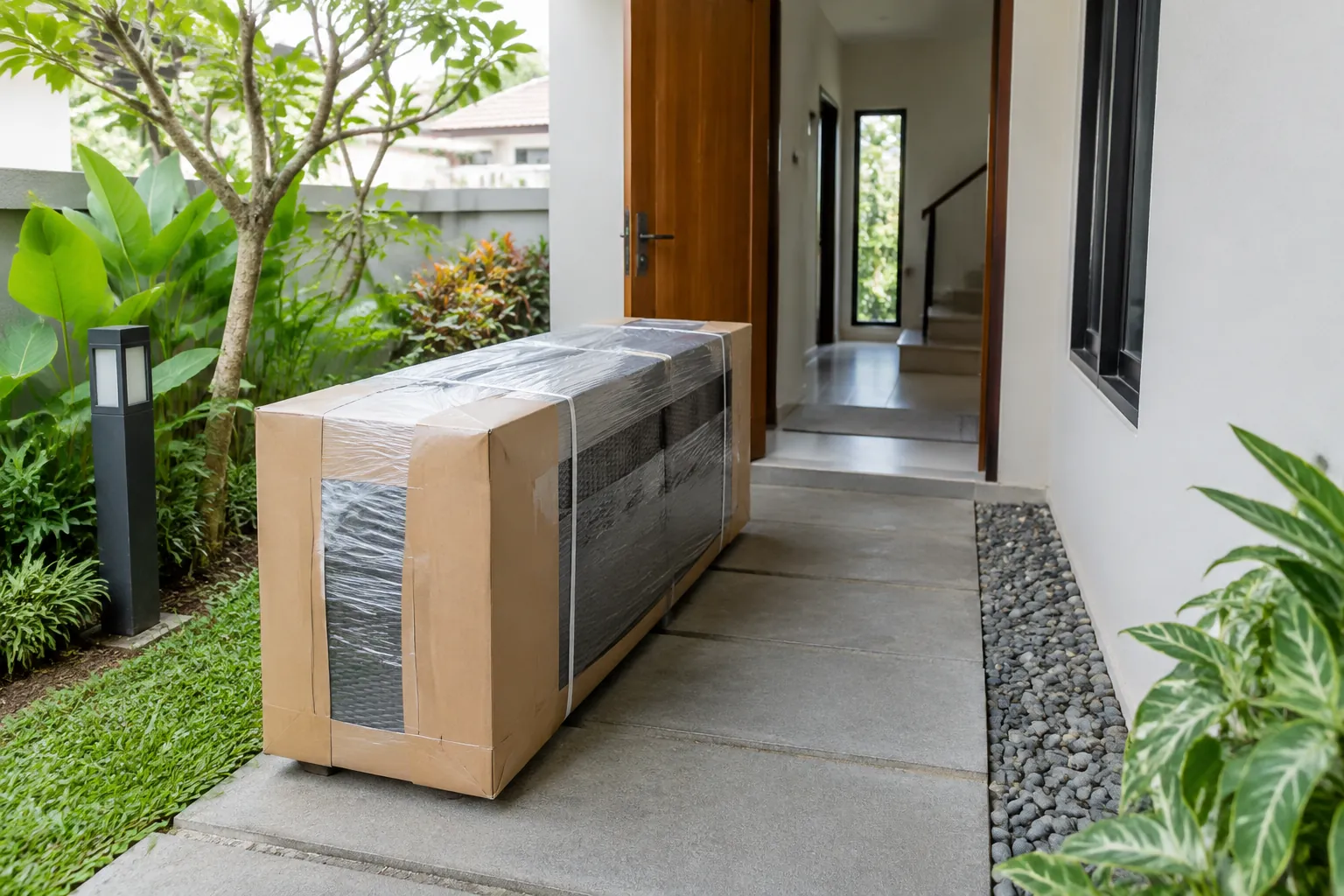 Furnitur luar ruang dalam kemasan ditempatkan di jalur samping rumah