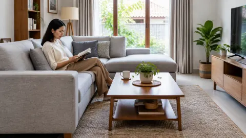 Seseorang duduk di sofa ruang keluarga dengan meja kopi di depan