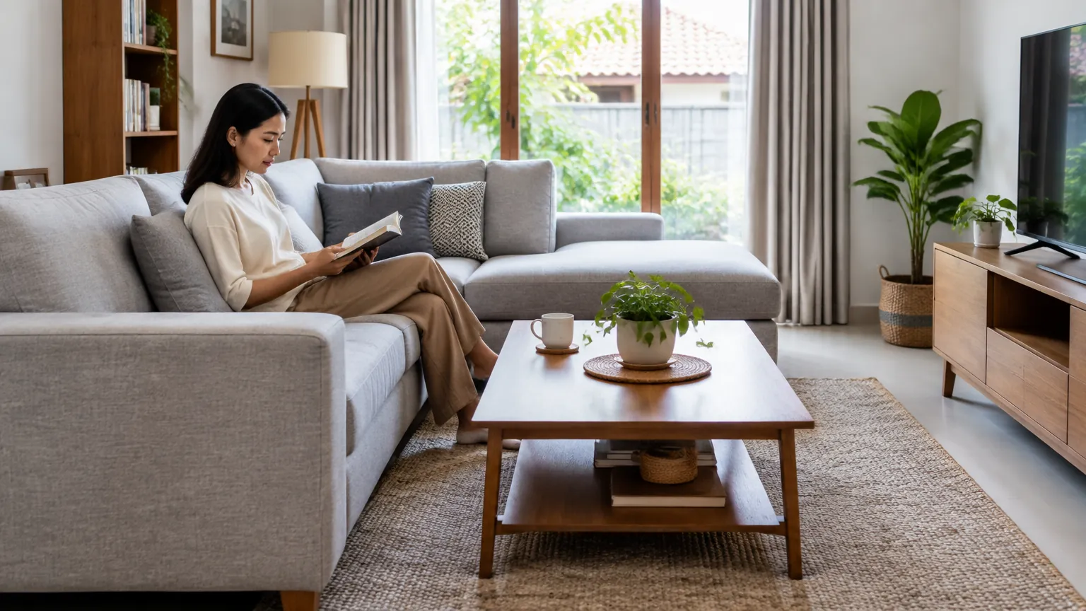 Seseorang duduk di sofa ruang keluarga dengan meja kopi di depan