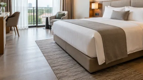 Lantai dan karpet di sekitar tempat tidur hotel