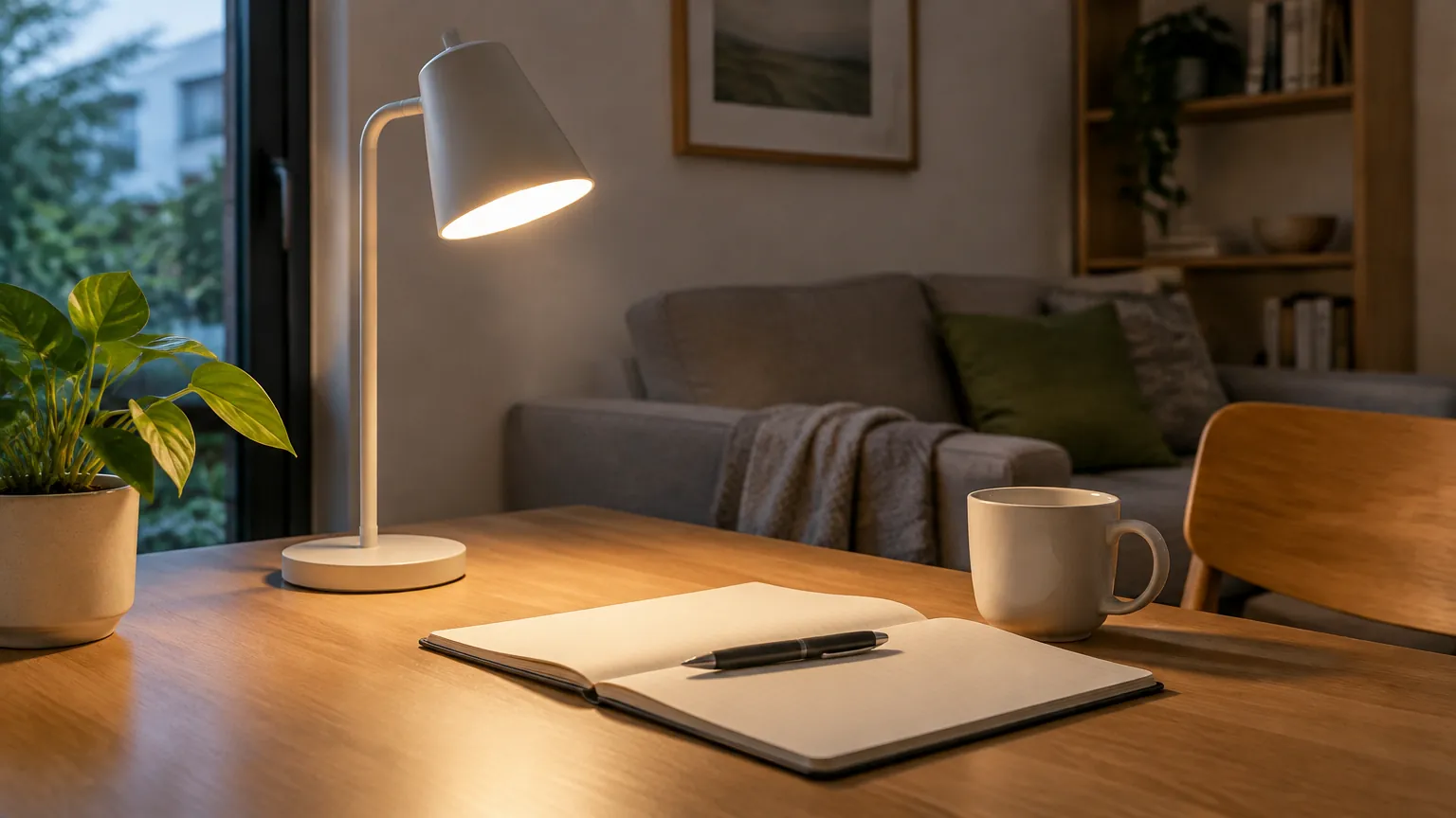 Lampu meja menyinari area duduk