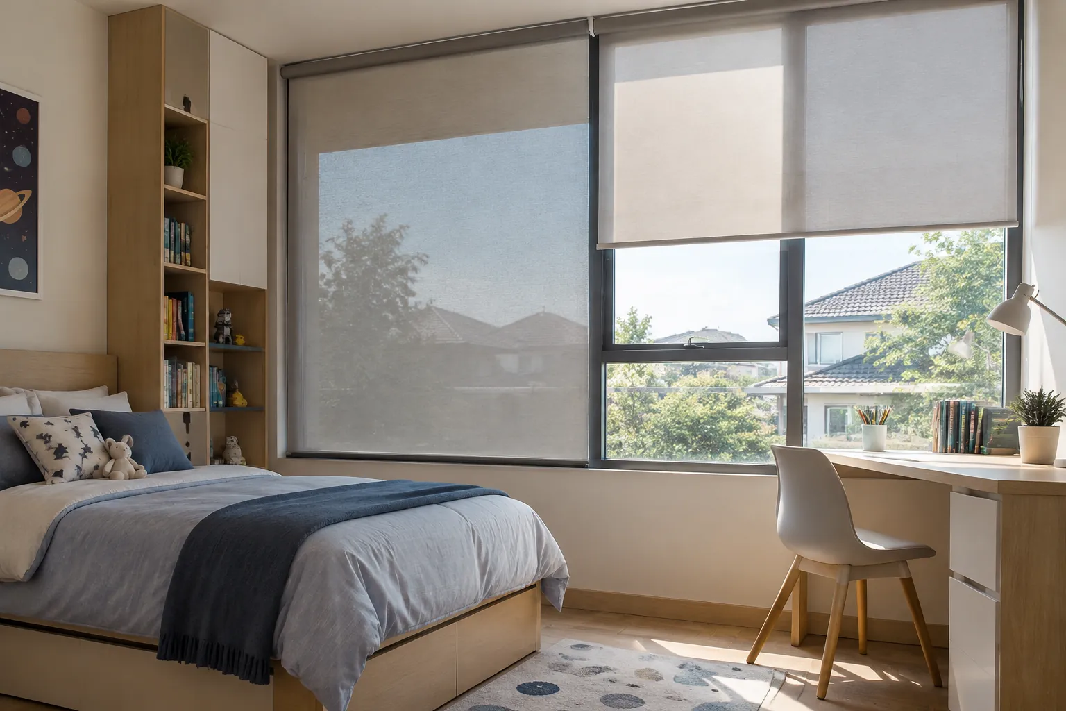 Tirai gulung meneduhkan sebagian jendela kamar anak