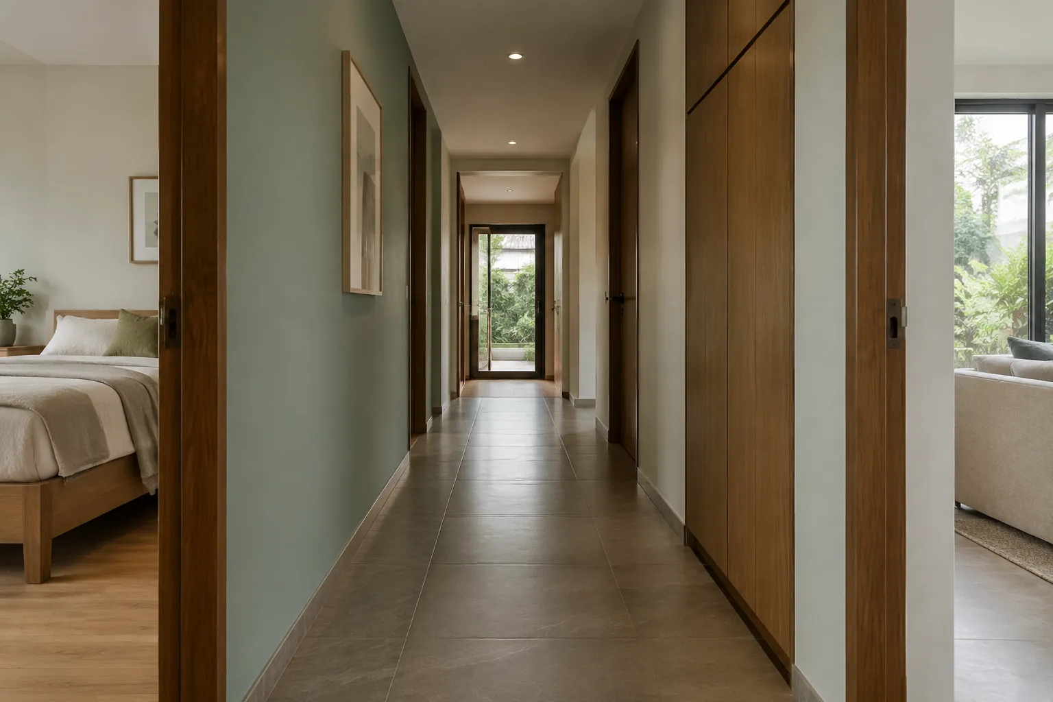 Lorong panjang dengan dinding hijau dan pintu kamar