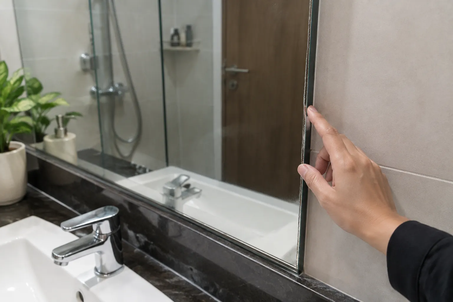 Seseorang memeriksa tepi panel kaca di kamar mandi
