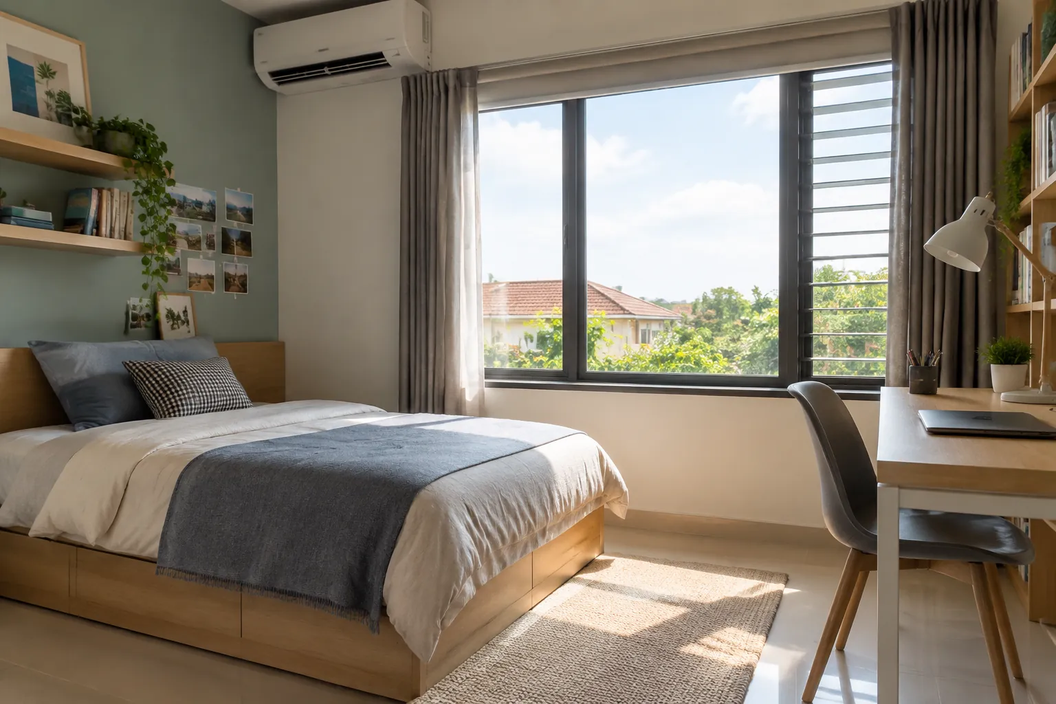 Sinar matahari masuk melalui jendela kamar yang memiliki meja dan tempat tidur