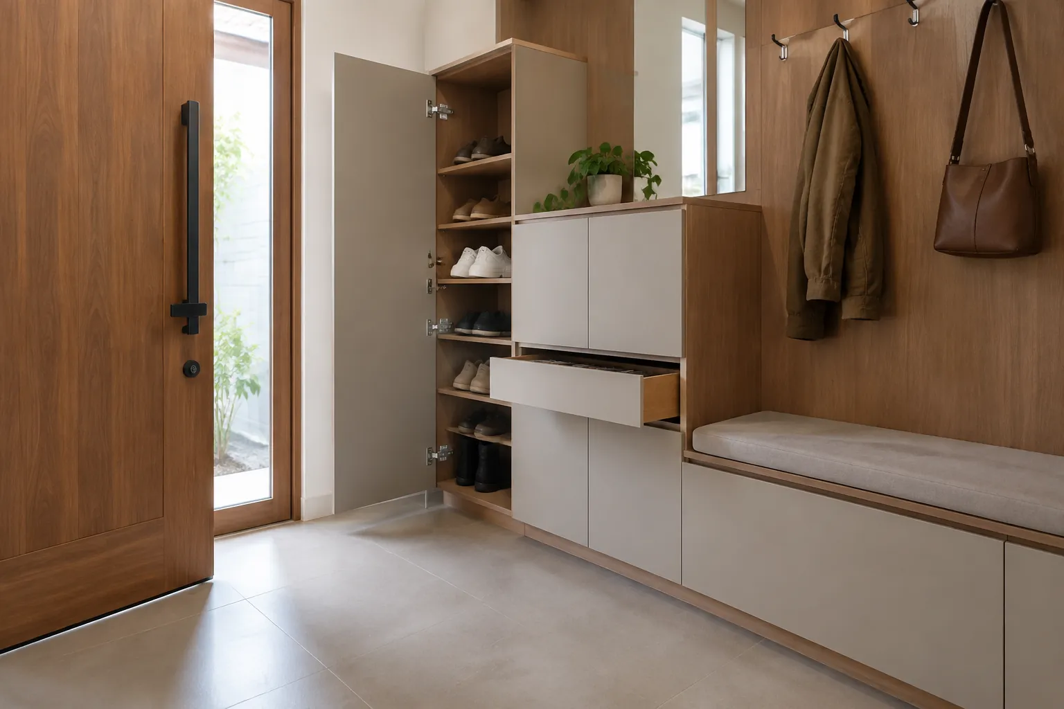 Kabinet foyer dengan pintu dan laci terbuka