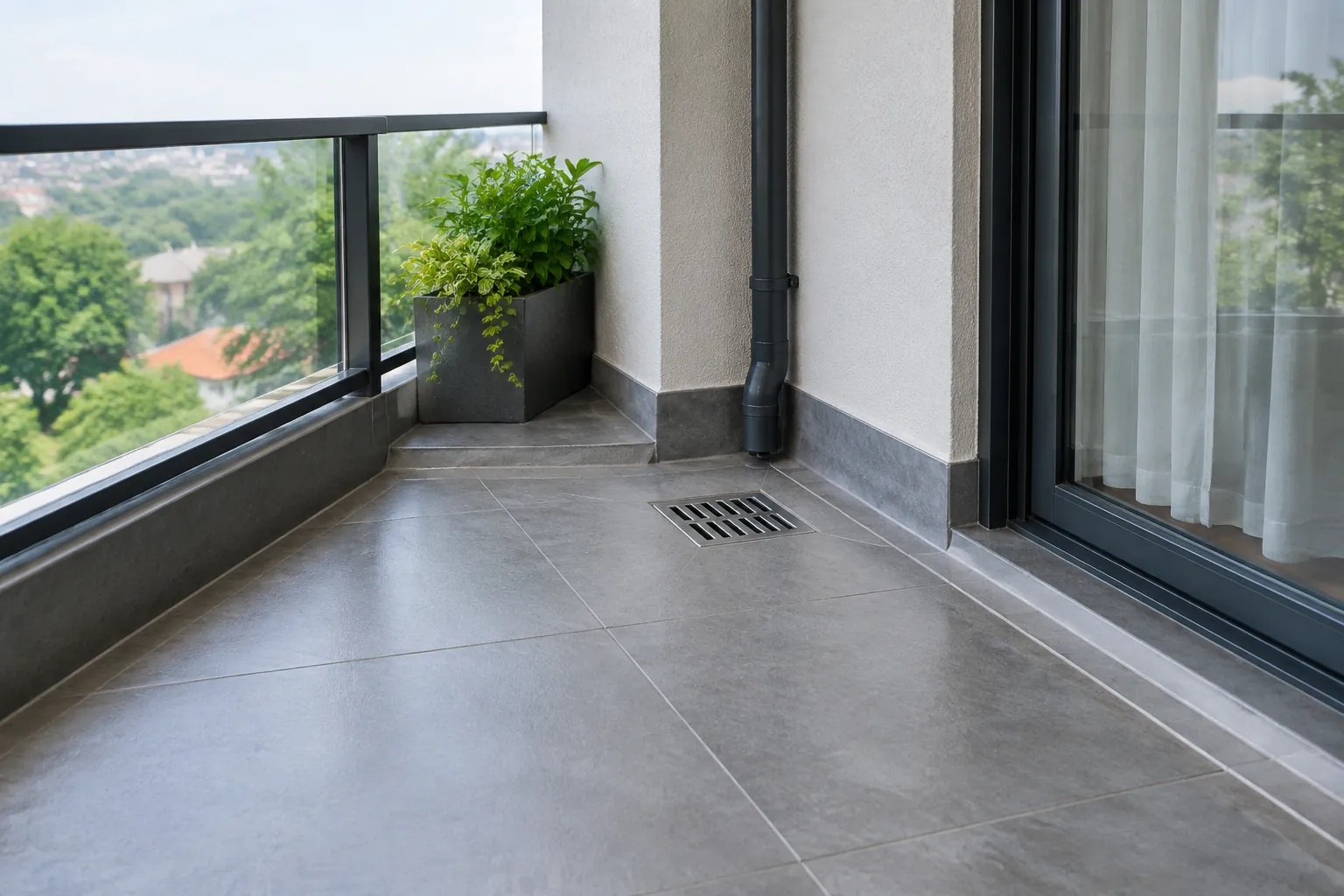 Saluran pembuangan pada lantai balkon dekat pintu kaca.