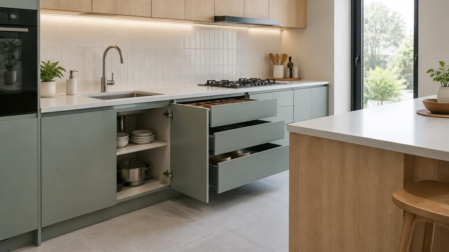 Kabinet dapur dengan rak dan laci terbuka