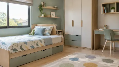 Kamar anak dengan tempat tidur, lemari, dan meja belajar