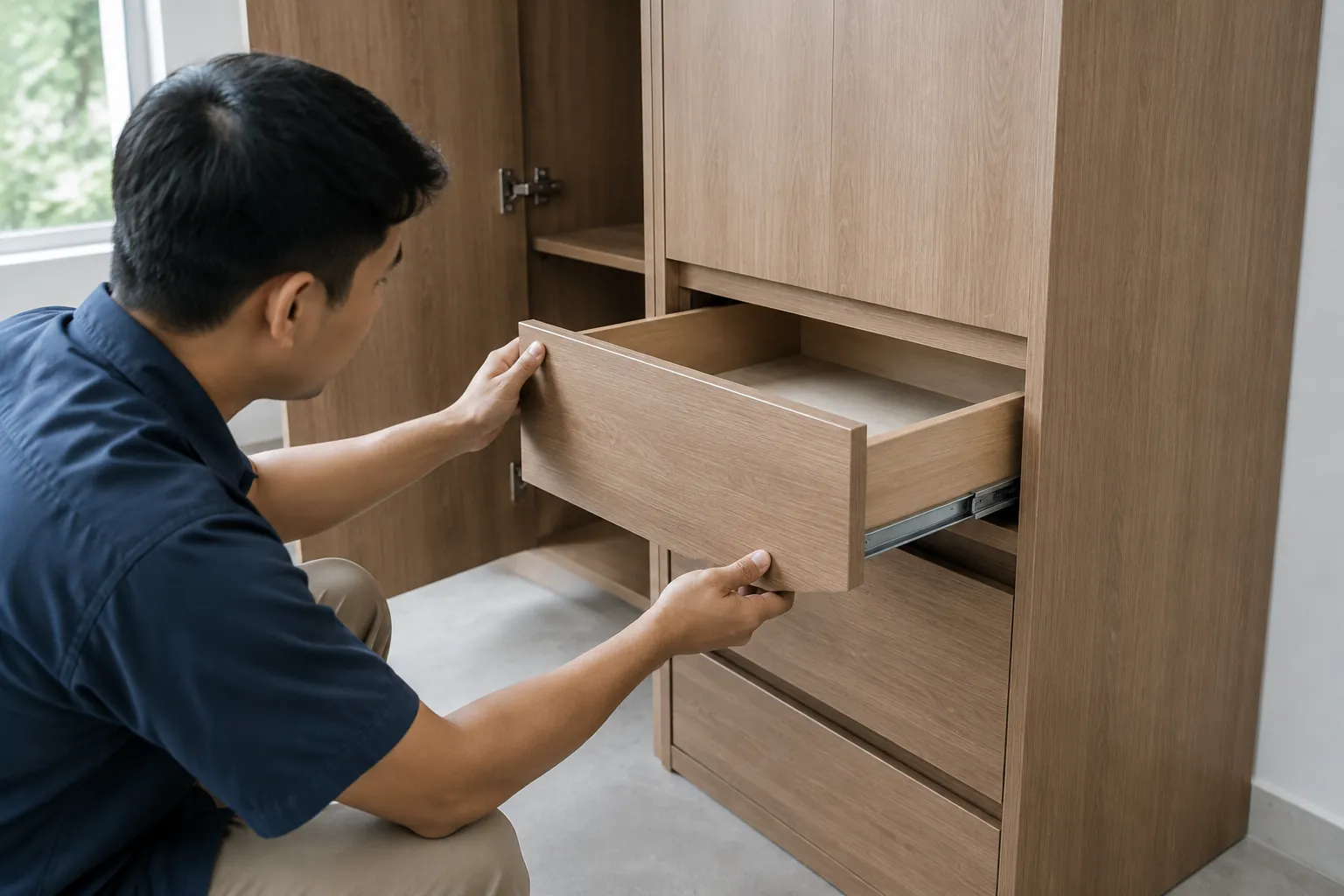 Pekerja memeriksa laci pada kabinet kayu