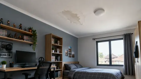 Kamar remaja dengan noda pada plafon di atas tempat tidur
