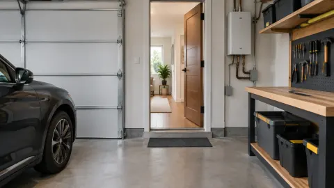 Garasi dengan area kerja dan pintu menuju rumah