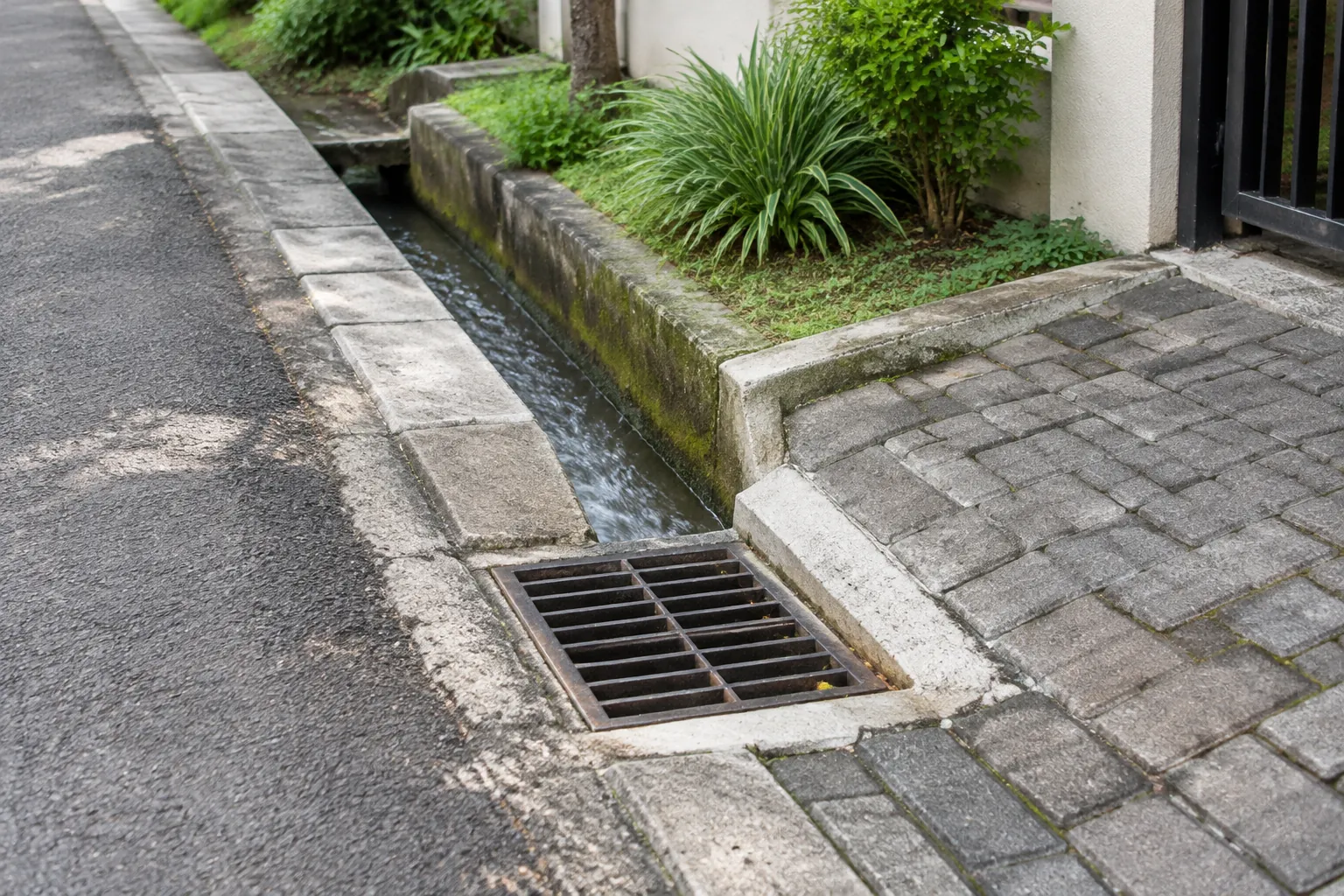 Saluran drainase lingkungan di tepi jalur masuk