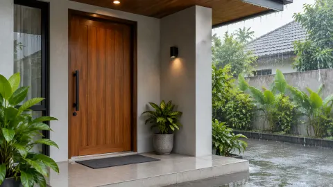 Pintu kayu rumah dengan teras beratap setelah hujan