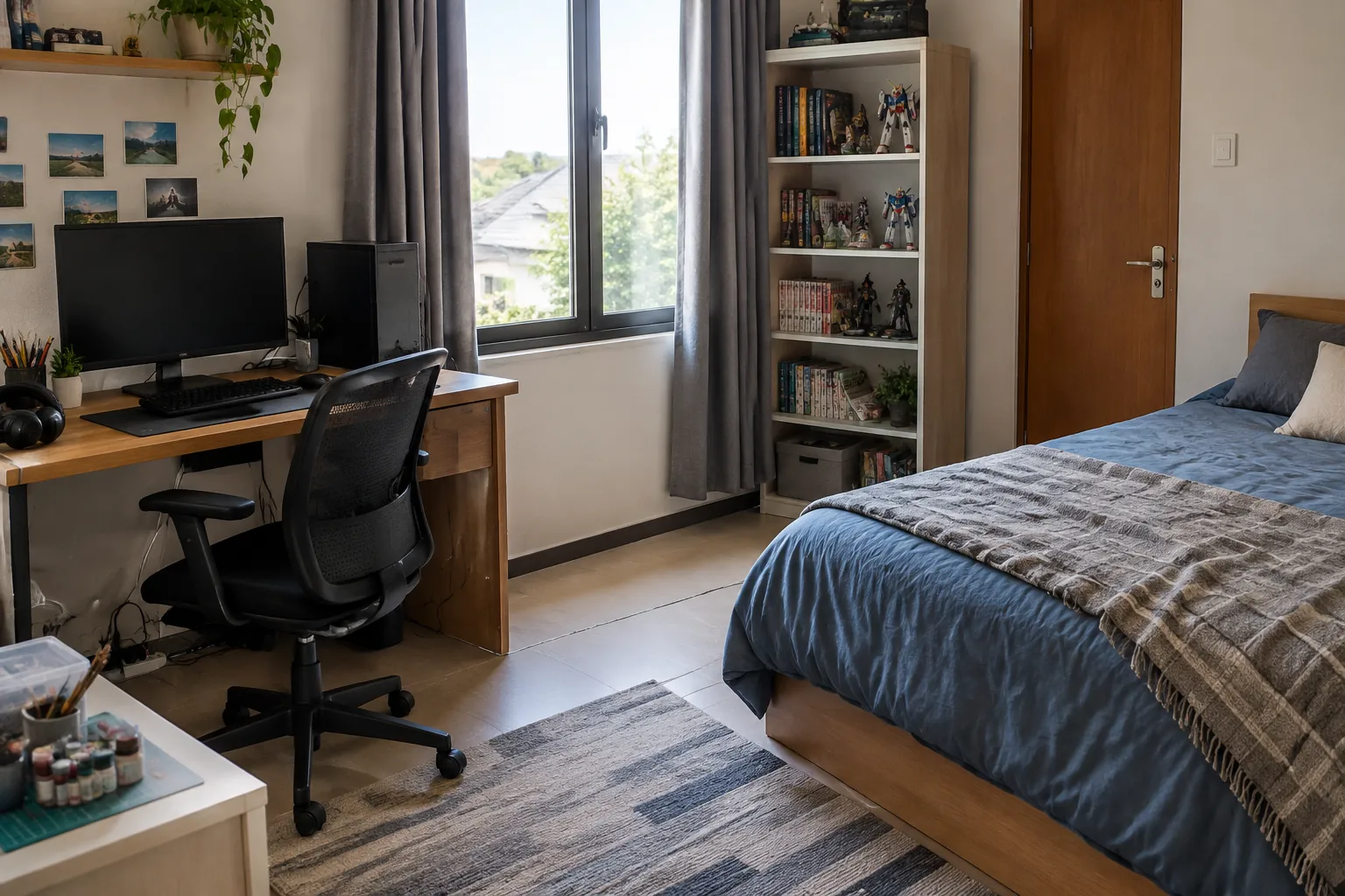 Kamar remaja dengan meja kerja dan tempat tidur dekat jendela